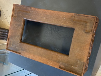 A Chinese rectangular blue-glazed jardini&egrave;re on wooden stand, 19th C.
