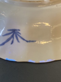 A Chinese blue and white lobed 'crab and fish' dish, Yu mark, Kangxi
