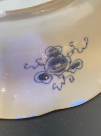 A Chinese blue and white lobed 'crab and fish' dish, Yu mark, Kangxi