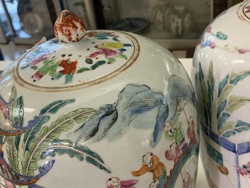 Twee Chinese famille rose dekselpotten met 'lentefestival' decor, 19e eeuw