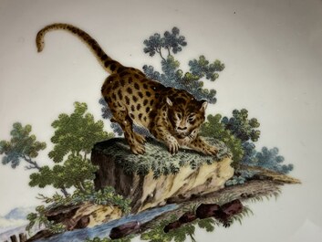 A The Hague-decorated Ansbach porcelain 'leopard and otter' cup and saucer, 18th C.