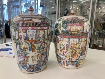 Twee Chinese famille rose dekselpotten met 'lentefestival' decor, 19e eeuw