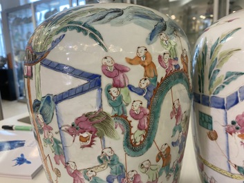 Twee Chinese famille rose dekselpotten met 'lentefestival' decor, 19e eeuw