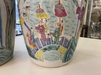 Twee Chinese famille rose dekselpotten met 'lentefestival' decor, 19e eeuw