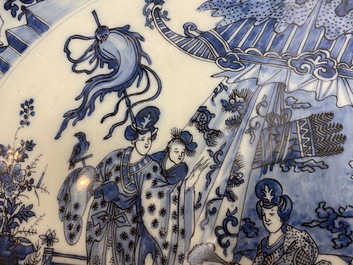 A finely painted and thin-walled large Dutch Delft blue and white chinoiserie dish, late 17th C.