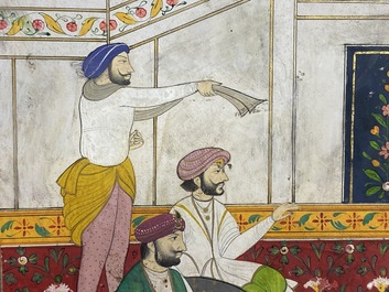Indian school miniature: 'Audience with Maharaja Ranjit Singh', opaque pigments heightened with gold on paper, 19th C.