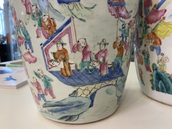 Twee Chinese famille rose dekselpotten met 'lentefestival' decor, 19e eeuw