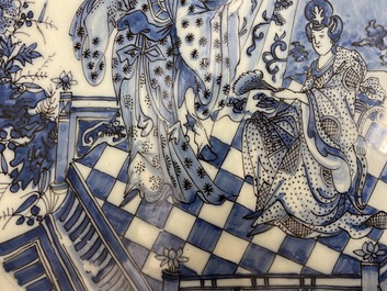 A finely painted and thin-walled large Dutch Delft blue and white chinoiserie dish, late 17th C.