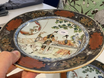 A pair of Chinese famille rose plates with ladies playing music, Yongzheng