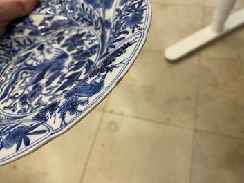 A pair of Chinese blue and white lobed 'phoenix and monkey' plates, Kangxi