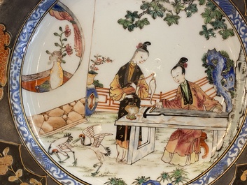 A pair of Chinese famille rose plates with ladies playing music, Yongzheng