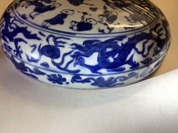 A Chinese blue and white '100 boys' cover for a round box, Wanli