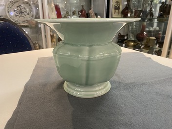 A Chinese monochrome celadon 'zhadou' spittoon, Yongzheng mark, Republic