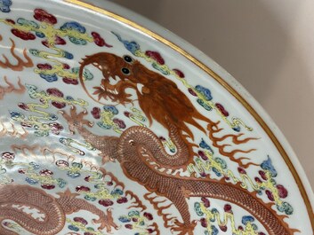 A massive Chinese famille rose 'dragon' dish, Yongzheng mark, Guangxu