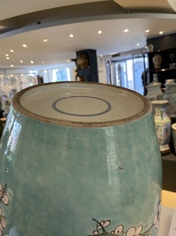 A pair of Chinese verte biscuit turquoise-ground jars, 19th C.
