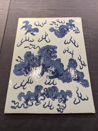 A large Chinese blue and white 'Buddhist lions' plaque, 19th C.