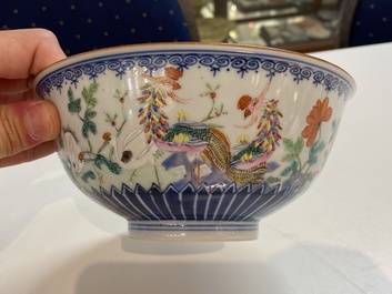 A Chinese famille rose 'cranes and phoenix' bowl, Qianlong mark, 18/19th C.