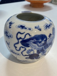 A Chinese blue and white 'Buddhist lions' brush washer, Kangxi mark, 19th C.