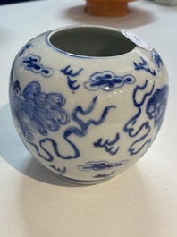 A Chinese blue and white 'Buddhist lions' brush washer, Kangxi mark, 19th C.