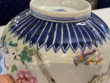 A Chinese famille rose 'cranes and phoenix' bowl, Qianlong mark, 18/19th C.
