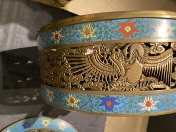 A large Chinese cloisonn&eacute; tripod censer and cover, 19th C.