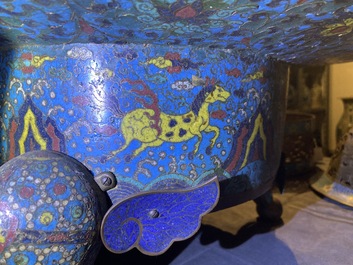 A large Chinese cloisonn&eacute; tripod censer and cover, 19th C.
