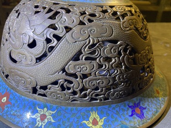 A large Chinese cloisonn&eacute; tripod censer and cover, 19th C.