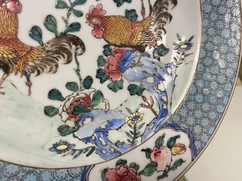 A Chinese famille rose 'roosters' plate, Yongzheng