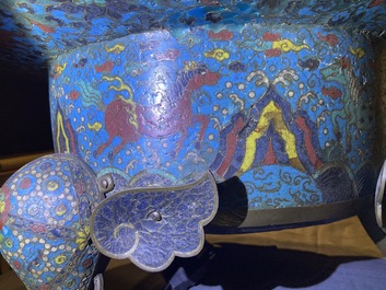 A large Chinese cloisonn&eacute; tripod censer and cover, 19th C.