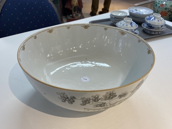 A Chinese grisaille and gilt bowl depicting a convent and birds in a landscape, Qianlong