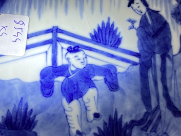Three Chinese blue and white dishes and a bowl, 19th C.