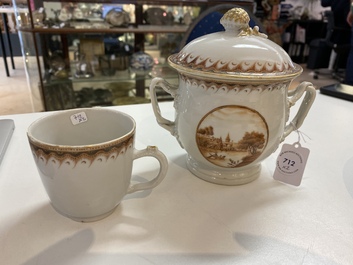 A Chinese covered bowl and a cup with a fine landscape medallion, Qianlong/Jiaqing
