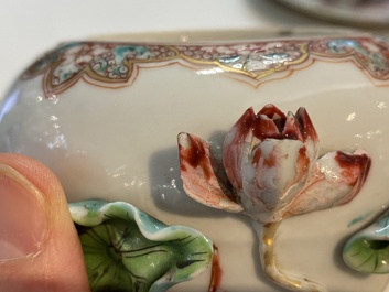 A Chinese famille rose teapot with applied floral design, Yongzheng