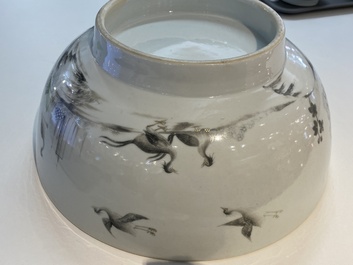 A Chinese grisaille and gilt bowl depicting a convent and birds in a landscape, Qianlong