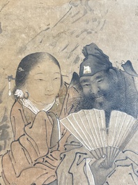 Luo Qing (1821-1899): vier scrolls met figuren in landschappen, inkt en kleur op papier