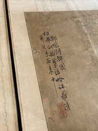 Luo Qing (1821-1899): vier scrolls met figuren in landschappen, inkt en kleur op papier