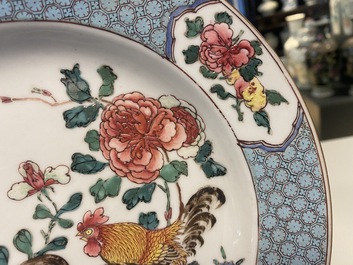 A Chinese famille rose 'roosters' plate, Yongzheng