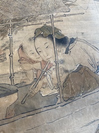 Luo Qing (1821-1899): vier scrolls met figuren in landschappen, inkt en kleur op papier