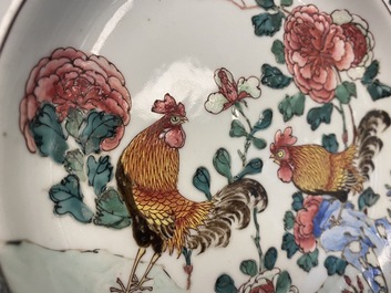 A Chinese famille rose 'roosters' plate, Yongzheng