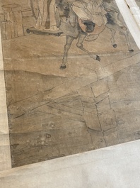 Luo Qing (1821-1899): vier scrolls met figuren in landschappen, inkt en kleur op papier