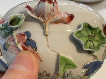 A Chinese famille rose teapot with applied floral design, Yongzheng