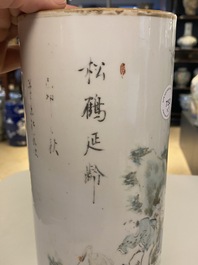 Three Chinese qianjiang cai hat stands, the left one signed Jiang Chaozong and dated 1897