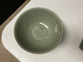 Three Chinese celadon-glazed 'lotus' bowls, Song