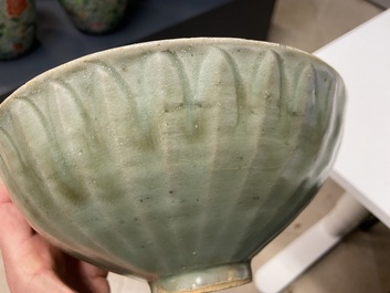 Three Chinese celadon-glazed 'lotus' bowls, Song
