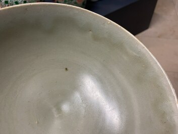 Three Chinese celadon-glazed 'lotus' bowls, Song