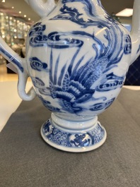 A Chinese blue and white 'qilin and phoenix' ewer, Kangxi