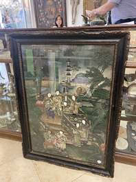 Canton school: 'Figures in a terrace garden', collage painting with relief-mounted paper, 19th C.