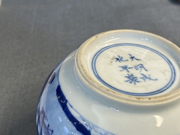 A Chinese blue and white 'landscape' teapot and cover, Chenghua mark, Kangxi