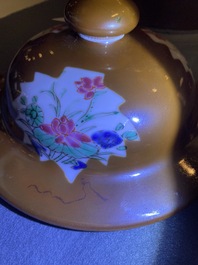 A pair of Chinese famille rose capucin brown-ground vases and covers, Qianlong