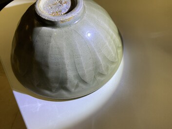Three Chinese celadon-glazed 'lotus' bowls, Song